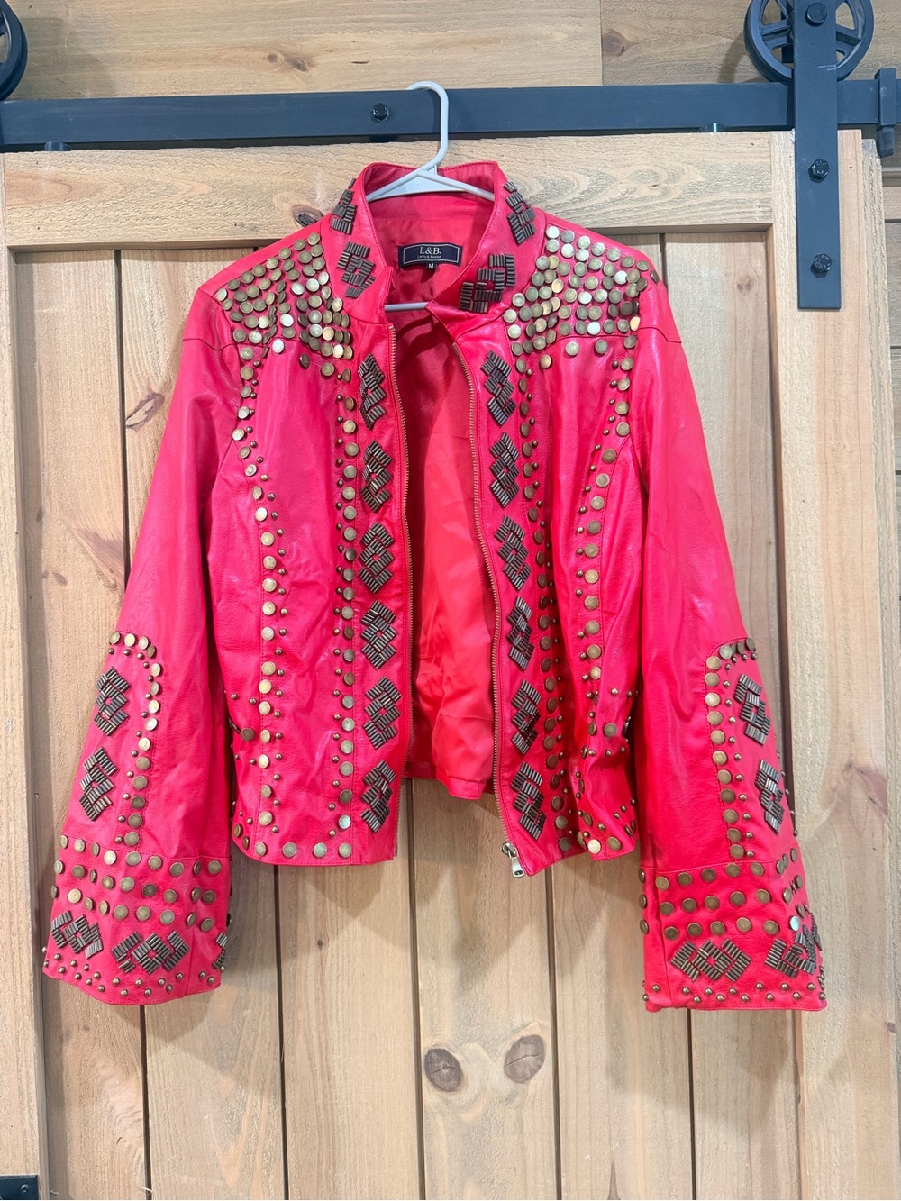 L&B Red Studded Embellished Leather Jacket